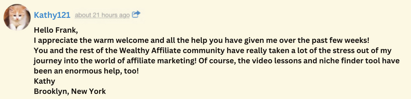4-Steps to Creating a Successful Make Money Online Business - Wealthy Affiliate testimonial from Kathy121